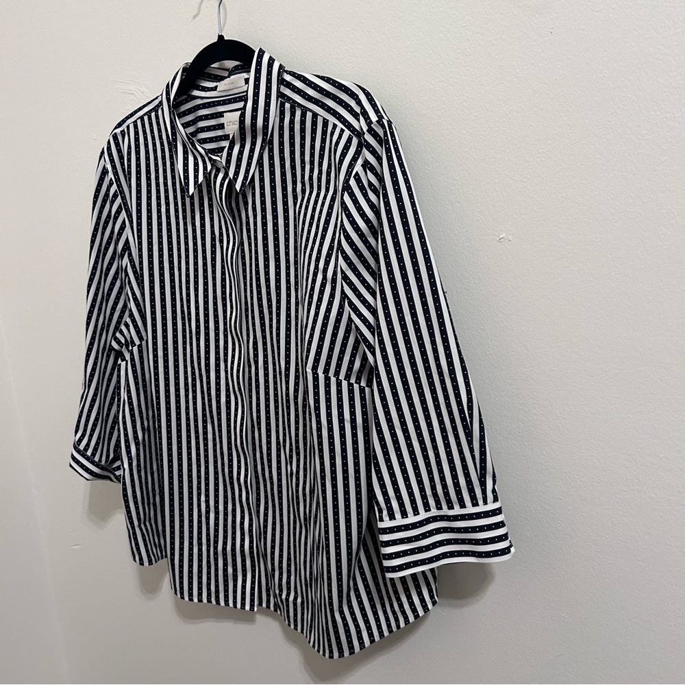 Chico’s 3/4 Sleeve Black White Stripe Dot Oxford Button Shirt Top Sz 4 XXL - Picture 2 of 7